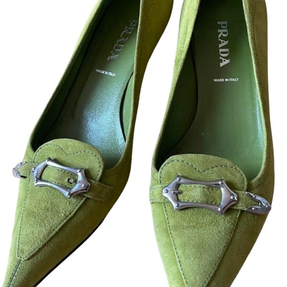 Prada Women's Green and Yellow Suede Kitten Heels - Picture 2 of 5